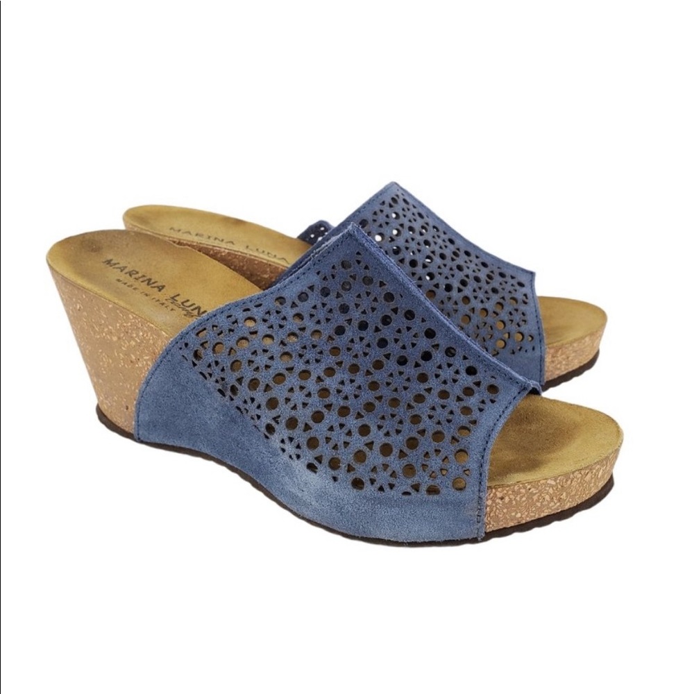 MARINA LUNA Blue Perforated Leather Wedge Sandals